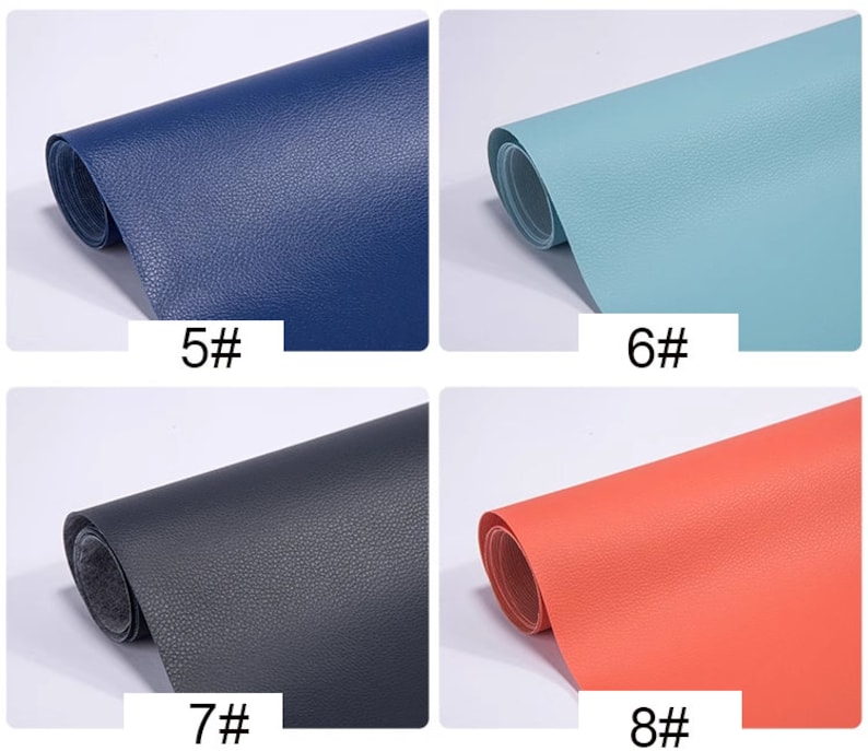 May include: Four samples of faux leather in different colors: dark blue, light blue, dark gray, and coral. Each sample is rolled up and labeled with a number.