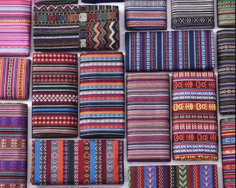 May include: A collection of colorful striped fabric swatches with various geometric patterns. The fabrics are arranged in rows and columns, showcasing a variety of colors and designs.