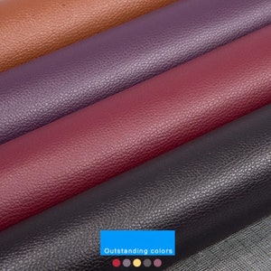 May include: Four rolls of faux leather in different colors: brown, purple, burgundy, and black. The leather has a textured surface. "Outstanding colors" is written in blue text on a white background.