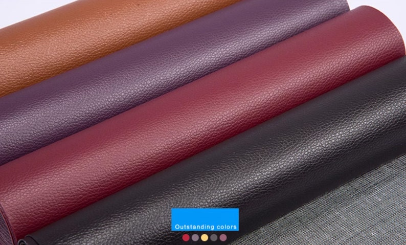 May include: Four rolls of faux leather in different colors: brown, purple, burgundy, and black. The leather has a textured surface. "Outstanding colors" is written in blue text on a white background.