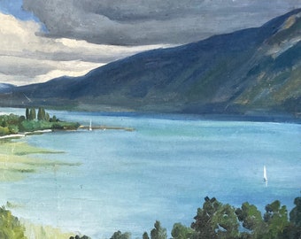 Vintage French painting. Oil on canvas. Sailing boats on Alpine lake.