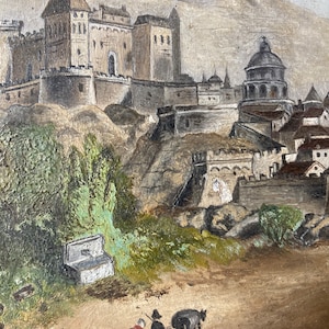 Oil on board. Fabulous fortified city. Two travellers.