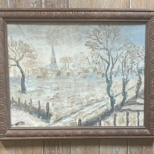 Vintage French oil painting. Winter scene. Paysage. Landscape.