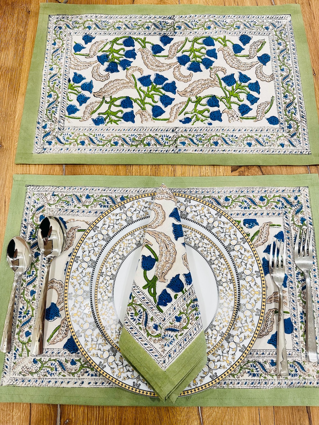 Handcrafted Block Print Table Mat & Napkin Set: Blue and Green Floral ...