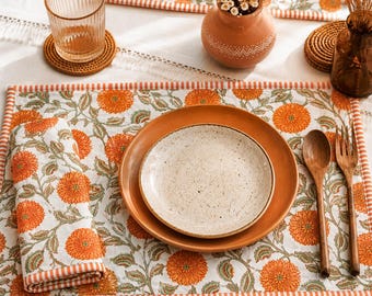 Cotton Quilted Placemats Set, Reversible Floral Block Print Table Mats with Napkins, Handmade Dining Table Decor