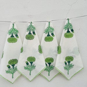 Hand Block Printed Cotton Napkins: Green Floral Indian Decor