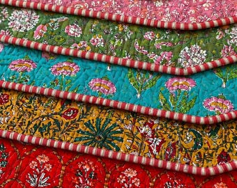 Block Printed Cotton Placemats (Set of 2): Reversible Quilted Boho Table Decor