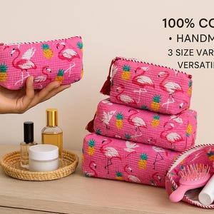 Sacchetto trapuntato in cotone fatto a mano / Borsa cosmetica con cerniera / Organizer da viaggio / Borsa per il trucco / Regalo per lei / Piccola cerniera / Set di 3 sacchetti