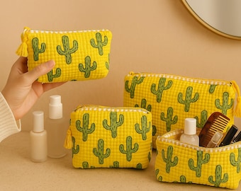Cotton Toiletry Bag Set: Quilted Cosmetic Travel Pouches