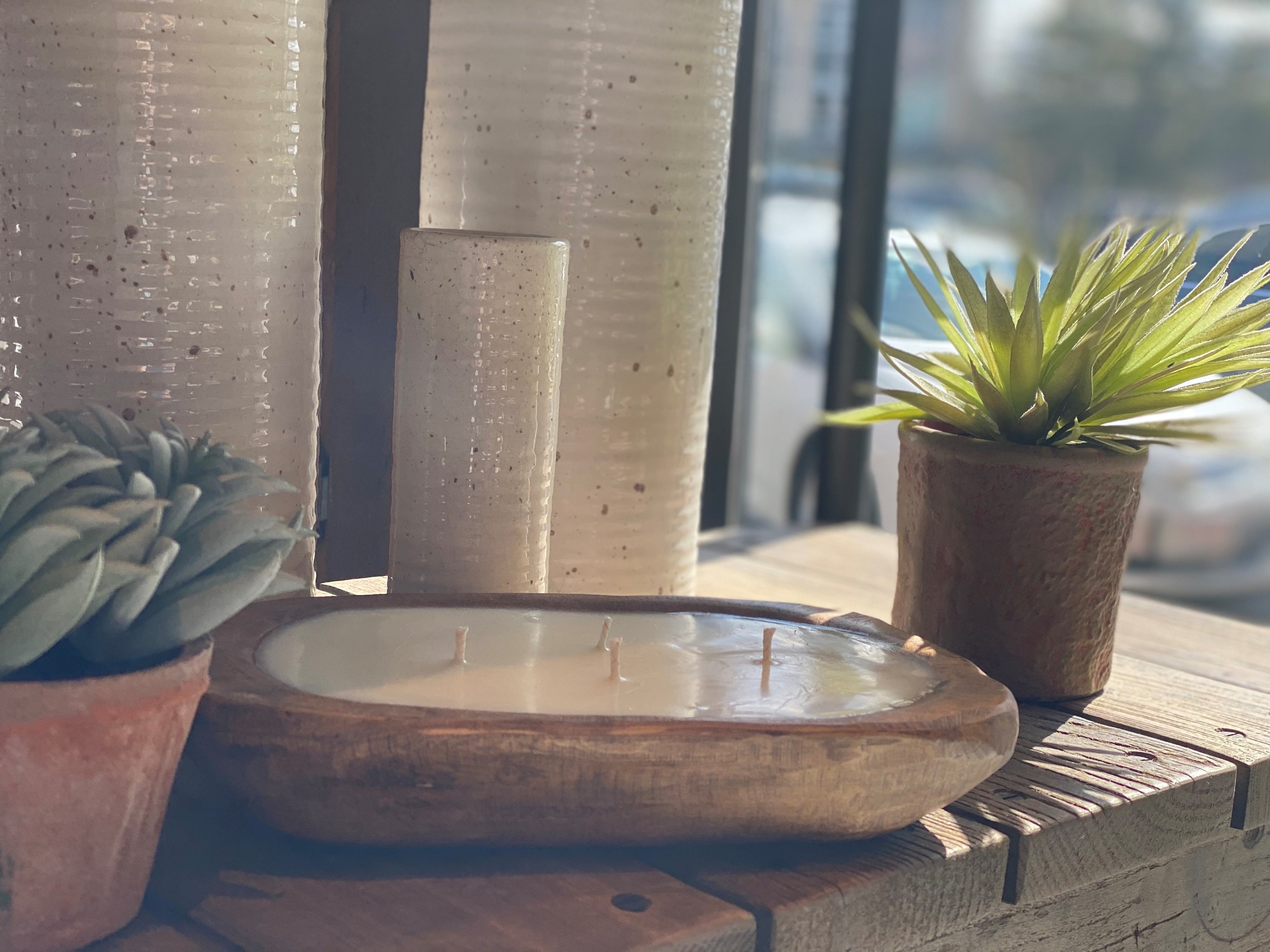 4 Wick Wooden Dough Bowl Candle Etsy