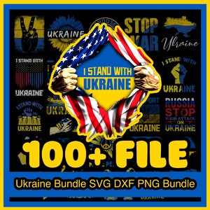 May include: A digital download bundle of 100+ SVG, DXF, and PNG files featuring designs related to Ukraine. The designs include the Ukrainian flag, peace signs, and the text "I Stand With Ukraine".