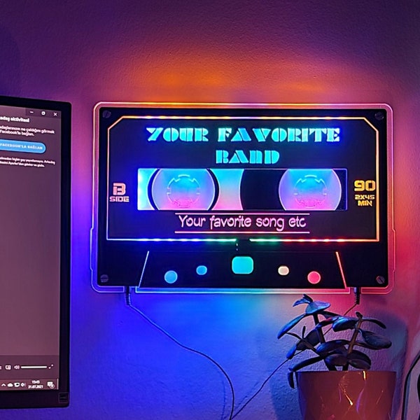 Personalized Cassette Tape Light Up Decor Gift | Anniversary, Celebration, Special Occasion Present | Custom Retro Neon Lovers Song Mixtape