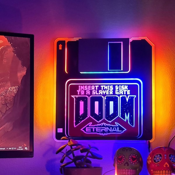 Doom Eternal Disk Game Room Setup | Floppy Diskette Retro Wall Night Lamp Gift for Gamers | Back to the 80s & 90s | Colorful Neon Led Sign