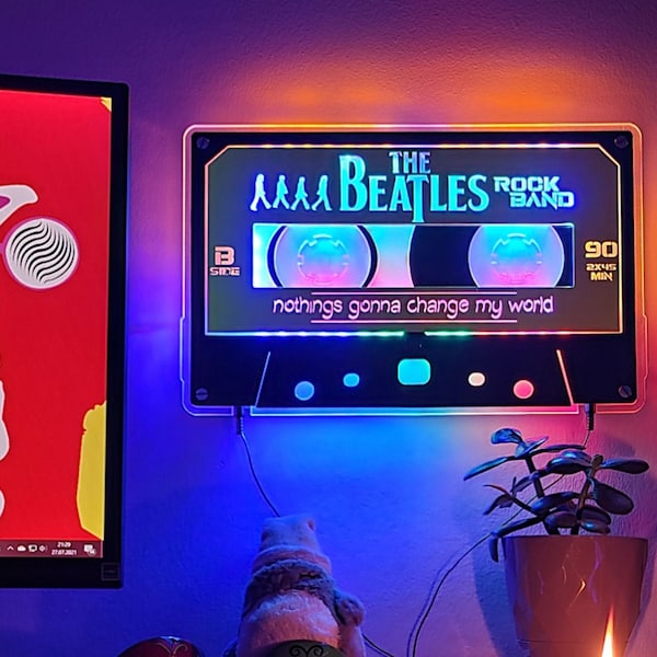 The Beatles Lighted Cassette Tape Wall Art Sign | Neon Colored Music Decoration for Bar, Mancave, Girlcave, 60s and 70s Hippie Culture Space