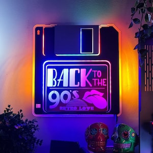 BACK to the 90s Floppy Disk Wall & Shelf Night Light Gift | 90s Party Themed Retro Wave Neon Floppy Disk for Gamers | 80s Lip Icon