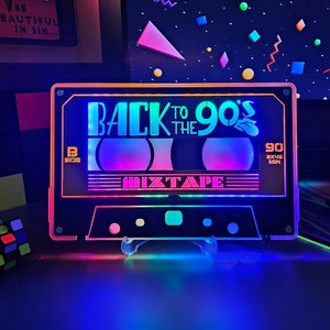 BACK to the 90s Cassette Tape Wall & Shelf Nightlight w/ Custom Album or Song Name | 90s Party Themed Retro Neon Mixtape | 80s Lip Icon