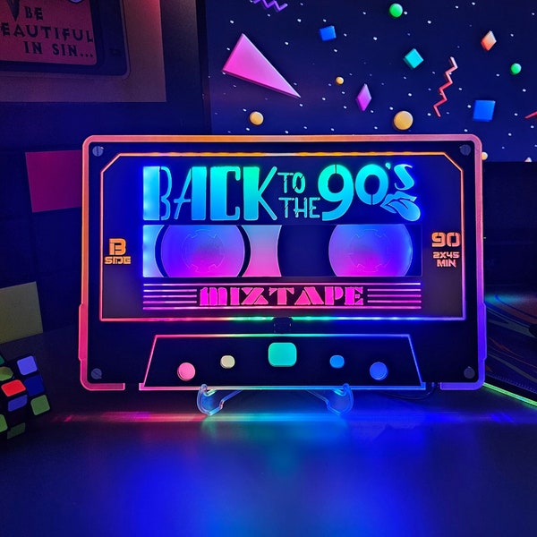 BACK to the 90s Cassette Tape Wall & Shelf Nightlight w/ Custom Album or Song Name | 90s Party Themed Retro Neon Mixtape | 80s Lip Icon
