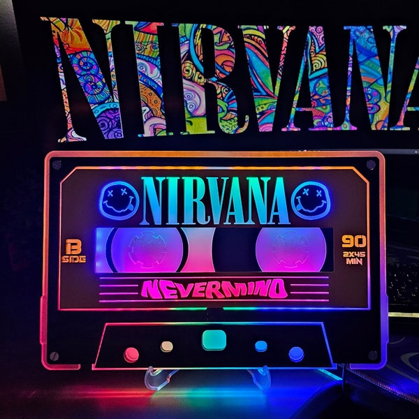 Nirvana Cassette Light Up Unique Decor | Kurt Cobain Wall Art | Nevermind Grunge Music Band with Smiley Face | Gift for Him | Rock & Roll