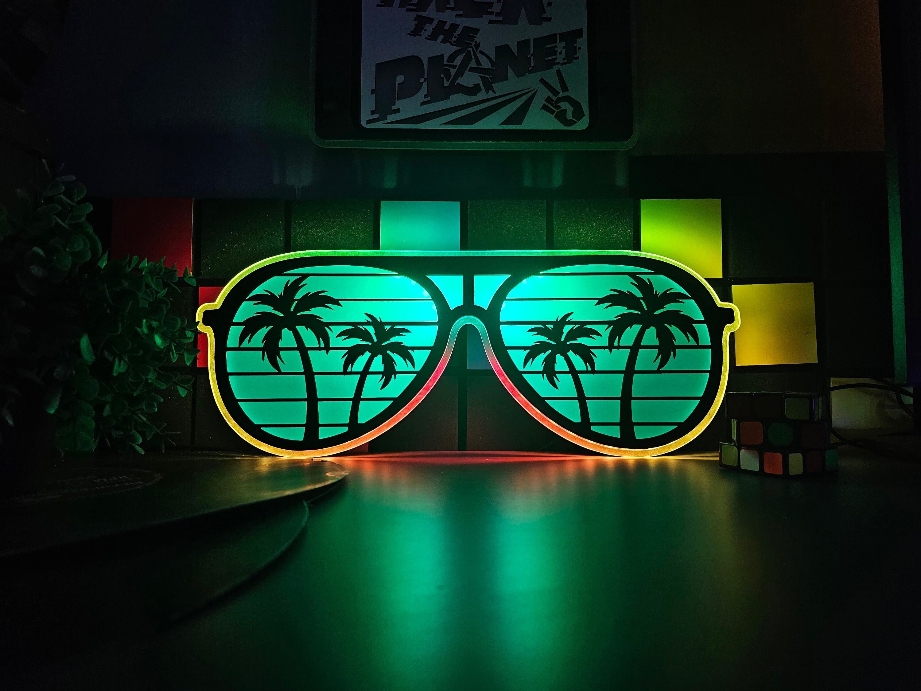Neon Sunglasses Sign: Retro Sunset Palm Tree Pop Art Decor