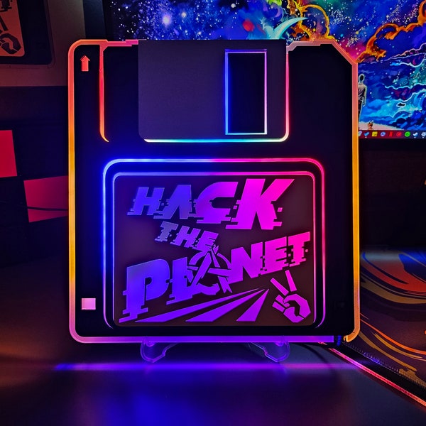 Hack the Planet Floppy Disk Night Light Gift for Gamer - Programmer - Coder or Hacker :) Retro Neon Anarchy Art for Gameroom - Mancave Setup