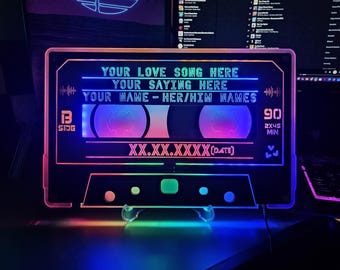Gepersonaliseerde neon-cassettekunst: retrowave mixtape-decor
