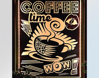 Oplichtend bord Coffee Time: ingelijst pop-artdecor
