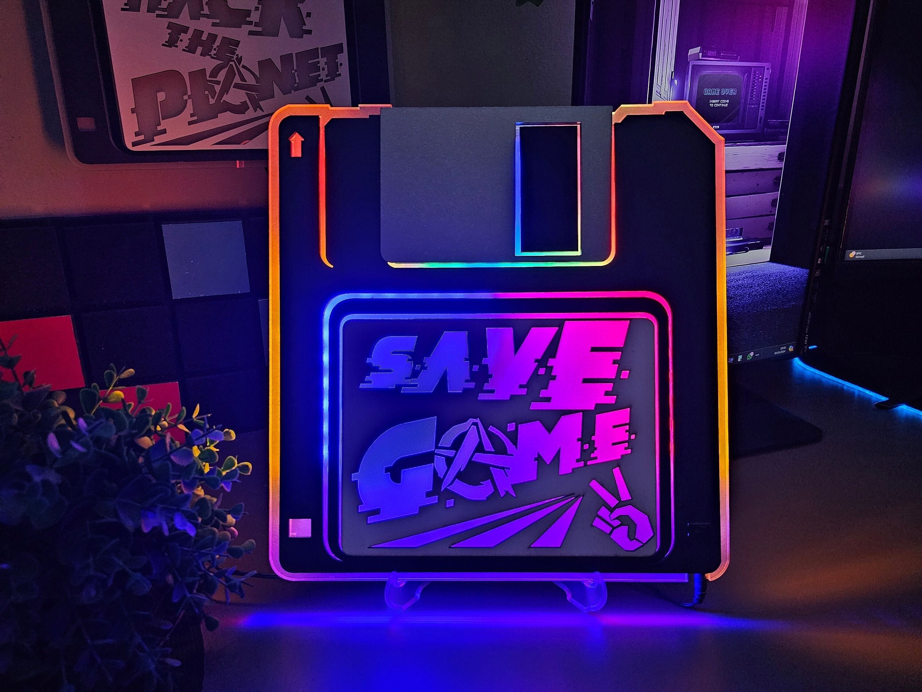 Floppy Disk "Save Game" Neon Sign: 80s Retrowave Lamp