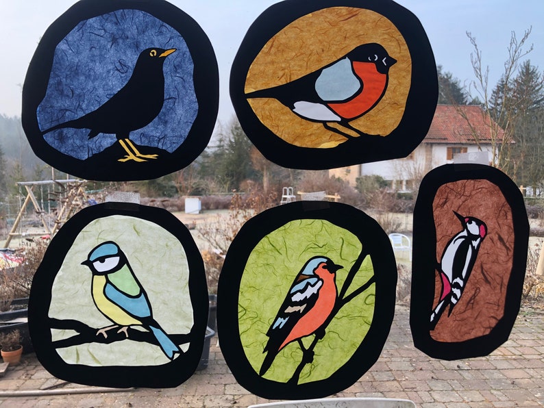 May include: Five colourful stained glass circles with black outlines, each featuring a different bird. The birds are a blackbird, a robin, a blue tit, a goldfinch, and a woodpecker.