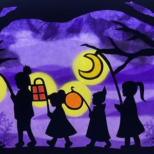 May include: A paper cutout art piece featuring black silhouettes of four children walking through a forest at night. The children carry lanterns and a pumpkin against a vibrant purple and yellow background with a crescent moon and glowing orbs.