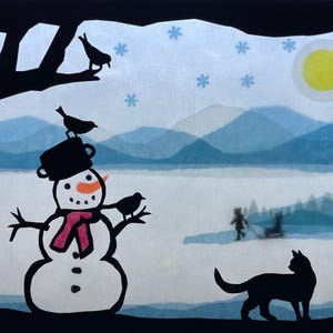 Bonhomme de neige hiver avec chat / Waldorf / transparent / image de fenêtre / images de fenêtre / neige / table saisonnière / Noël