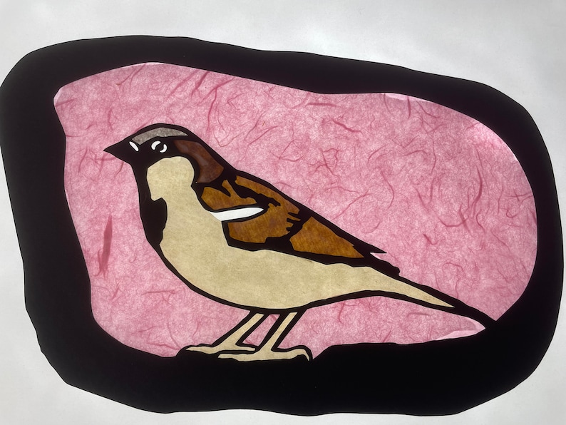 May include: A brown and white sparrow with a black eye is perched on a pink background with a black border.