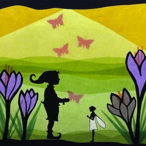 May include: A colourful illustration depicting a child and a fairy in a field of purple flowers. Pink butterflies fly against a yellow and green background, creating a magical scene.