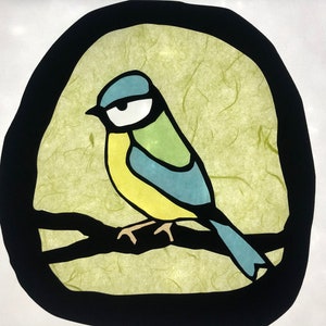 May include: A bluebird with yellow and green markings perches on a branch. The bird is outlined in black and the background is a light green.