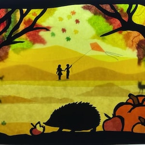 Hedgehogs in autumn - harvest time   / Waldorf / transparent / Window Picture / window Mural  / season table / nature Table