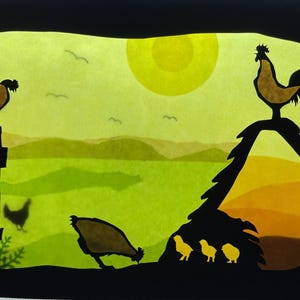 May include: A paper cut-out scene of a farmyard with a rooster, hens, and chicks. The scene is set against a yellow sky with a sun and green grass. The rooster is perched on a hay bale, while the hens and chicks are in the foreground.