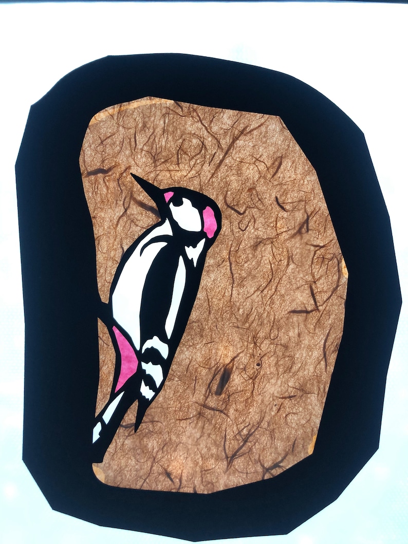 Pode incluir: Ilustra&ccedil;&atilde;o colorida de um pica-pau. A ave &eacute; retratada em preto, branco e rosa, em um fundo marrom texturizado dentro de uma borda preta. A obra de arte tem uma apar&ecirc;ncia artesanal.