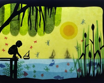 May include: A silhouette of a child playing with a toy sailboat on a dock, set against a sunny yellow backdrop. The scene features stylized trees, water, fish, and boats, forming a whimsical, artistic illustration.