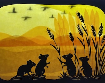 Mice in the autumn forest summertime / Waldorf / transparent / Window Picture / window Mural  / season table / nature Table