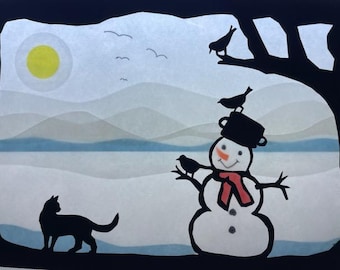 Snowman winter with cat / Waldorf / transparent / window picture / window pictures / snow / forest / season table / christmas