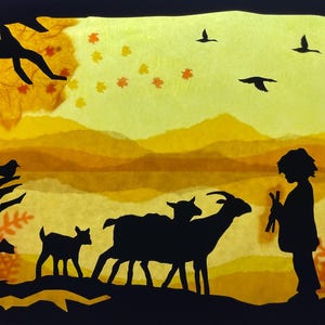 Herbst Junge beim Ziegen füttern / Waldorf / transparent / Fensterbild / Fensterbilder / Hirte  /Jahreszeitentisch