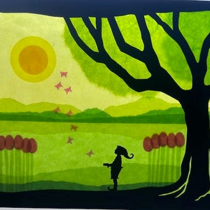 May include: A silhouette of a tree with green leaves against a yellow background. The sun is shining brightly in the sky. There are small pink butterflies flying around the tree. A small figure with a hat and a stick is standing in the field below the tree.