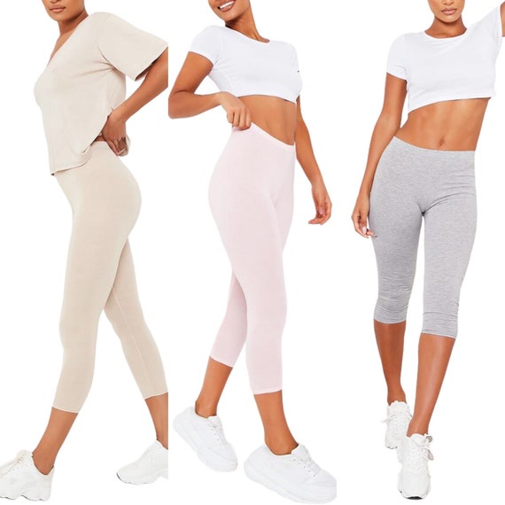 Womens Ladies 3/4 Cropped Leggings Slim 