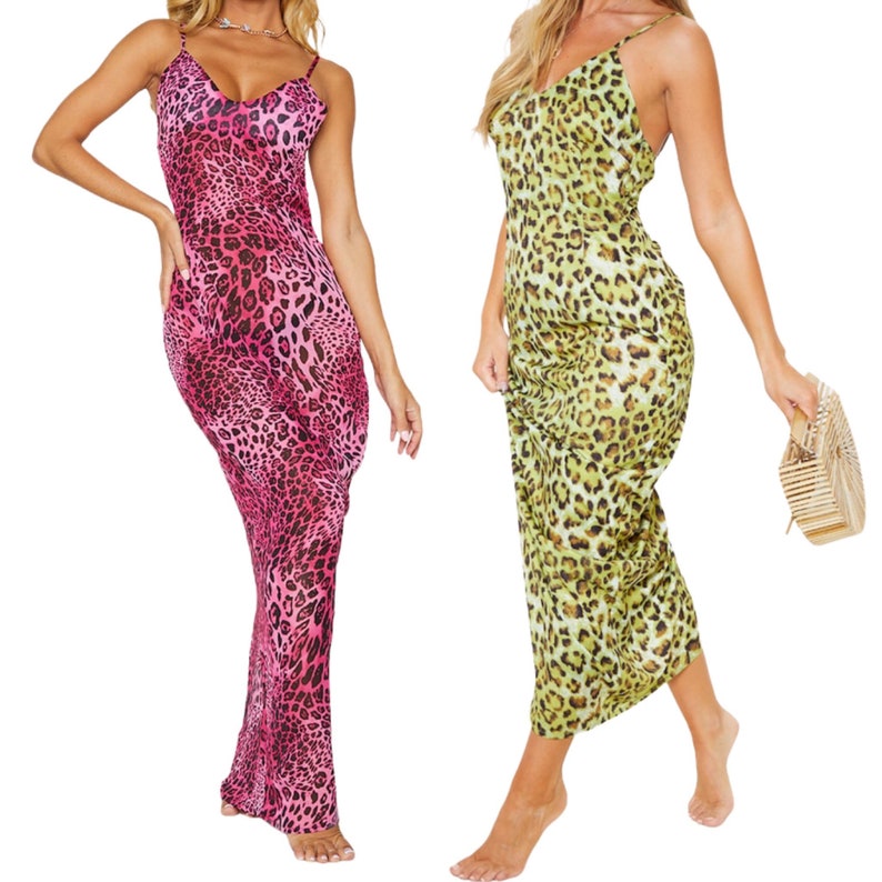 Leopard Print Women Strappy Mesh Sheer See Through Maxi Dress