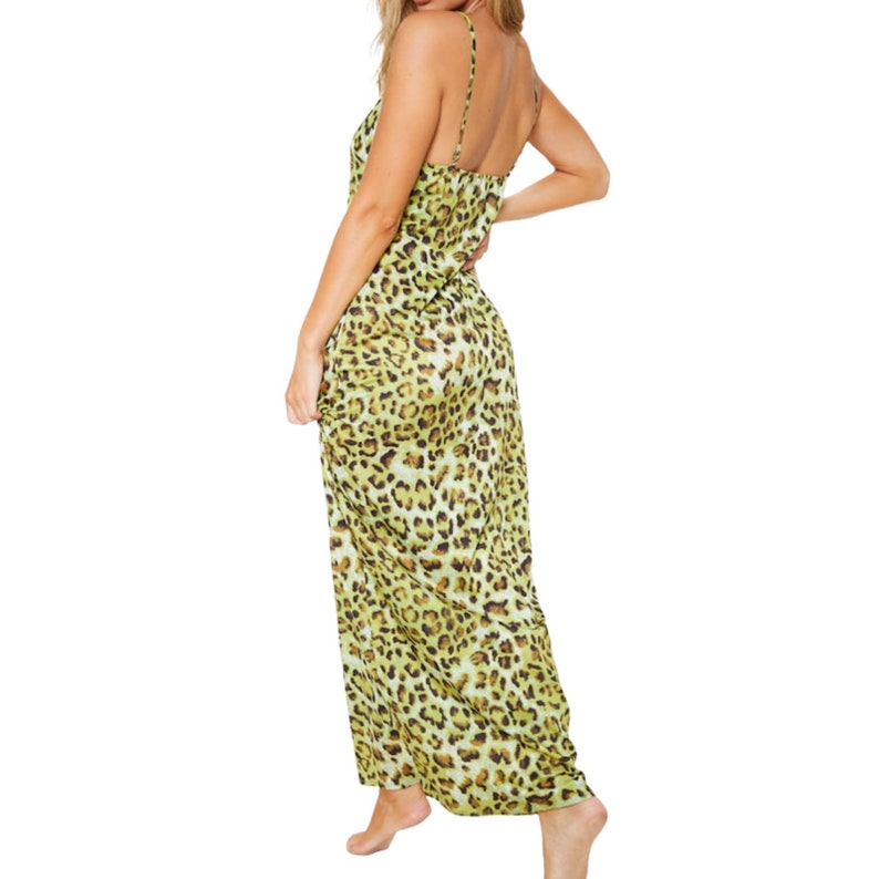Leopard Print Women Strappy Mesh Sheer See Through Maxi Dress
