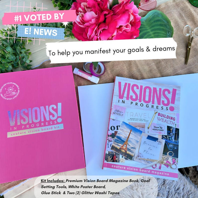 May include: Pink and white vision board kit with a magazine, poster board, glue stick, and washi tape. The magazine cover features the text "VISIONS! IN PROGRESS" and images of travel, building wealth, and self-care. The kit includes tools to help you manifest your goals and dreams.