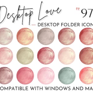Könnte beinhalten: Ein Satz von 18 Aquarell-Ordner-Icons in Rosatönen, Rot, Beige und Grün. Die Icons sind mit "Desktop Love" und "97 - Desktop-Ordner-Icons" beschriftet.