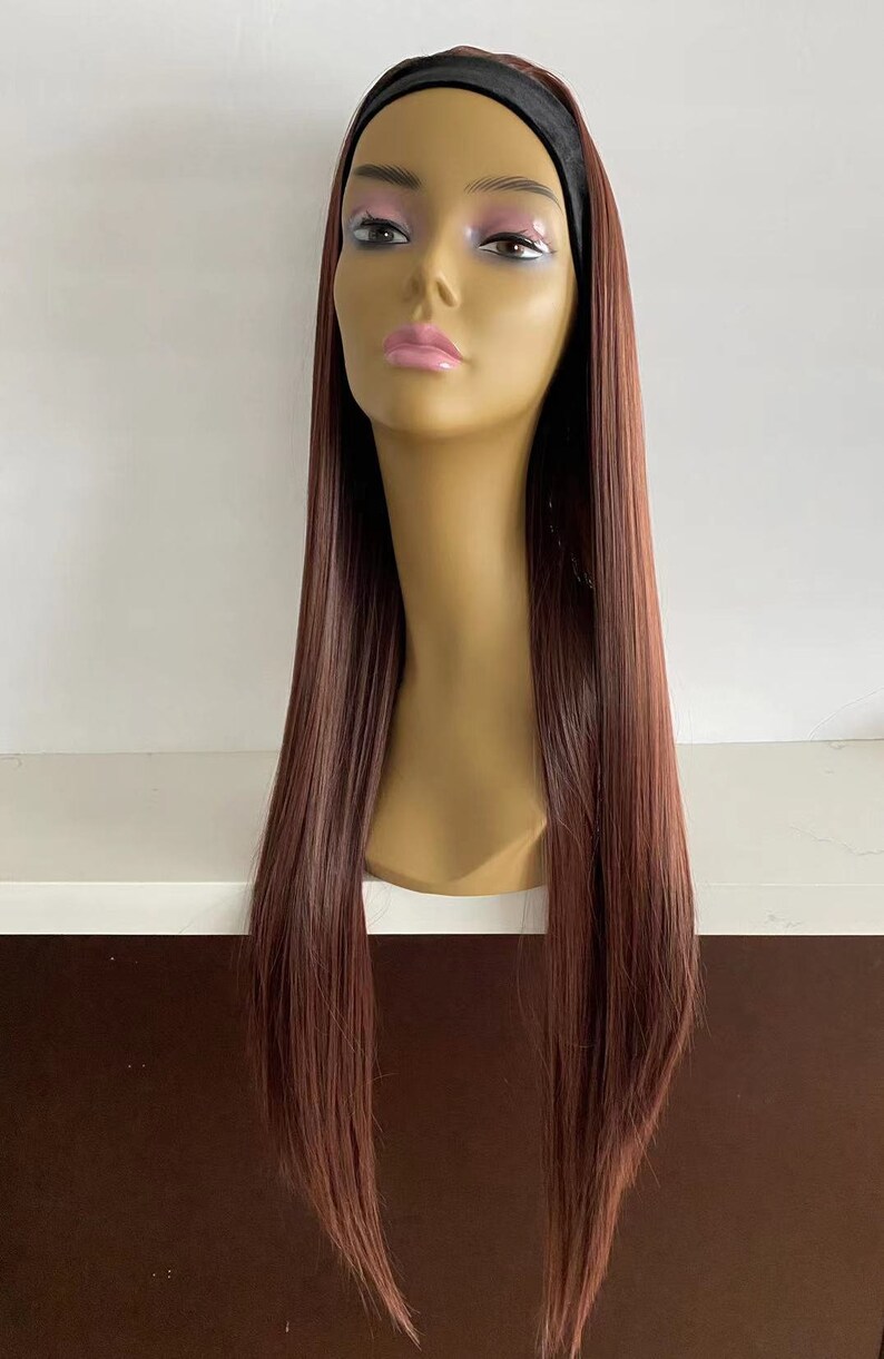 Synthetic Straight Headband Wigs Machinemade Long Red Brown Etsy