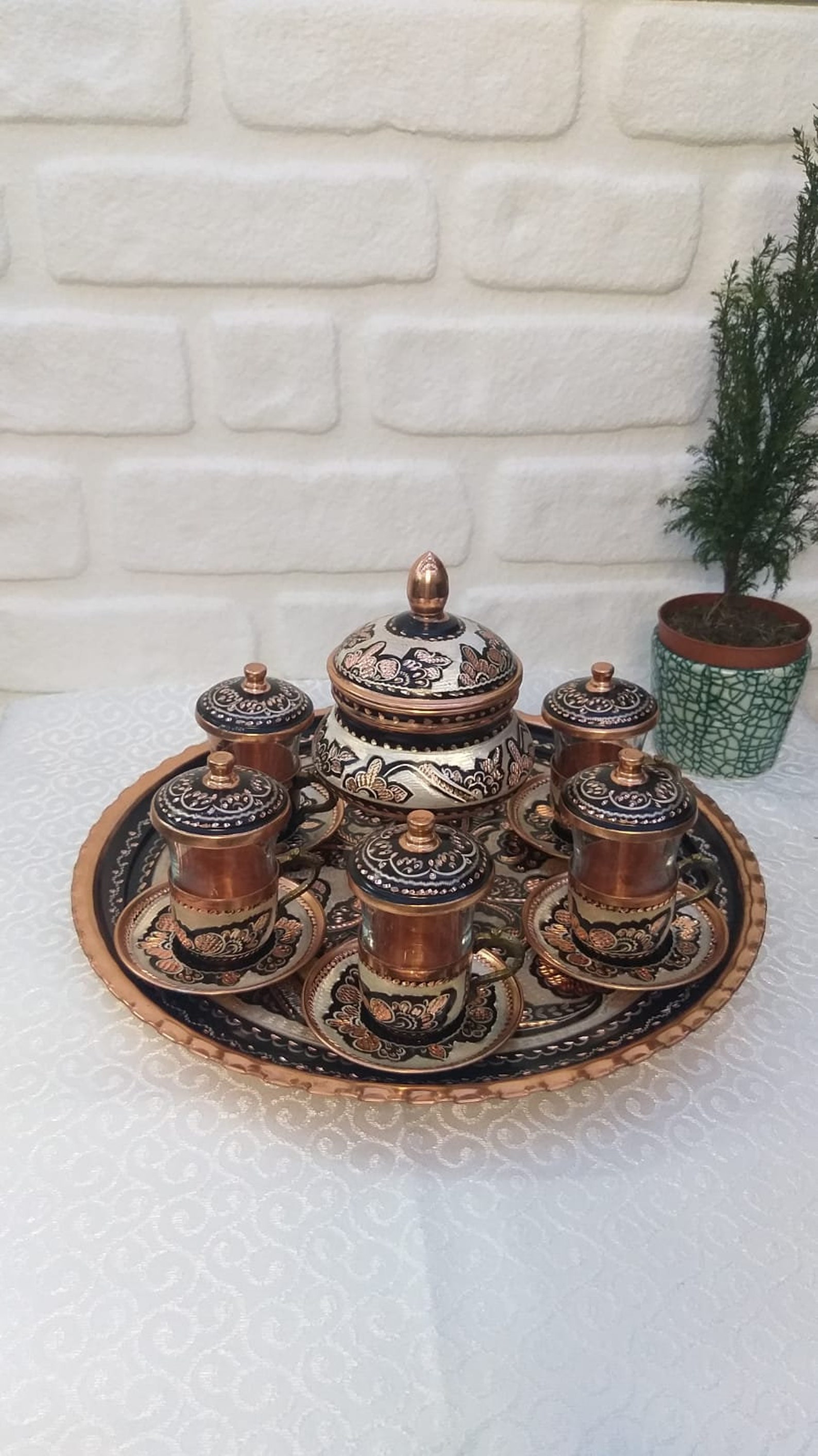 Turkish Copper Handmade Copper Tea Set Embroidered Tea Cup Etsy