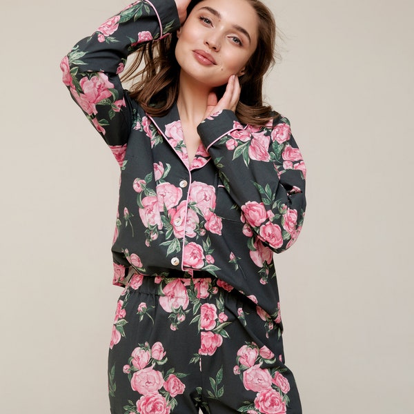 Frauen 100% Bio-Baumwolle Pyjama Set Top und Böden Off-White Graphite Print Weiche Haut-freundliches handgemachtes Geschenk für Sie