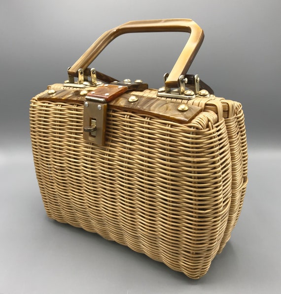 1950's Vintage Woven Wicker Basket Purse with Luci